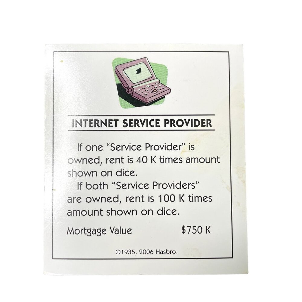 Monopoly Electronic Banking Internet Service Provider Property u Title Deed Card